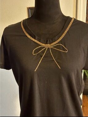 Black Short Sleeve Tee with Gold Rhinestone Bow Detail